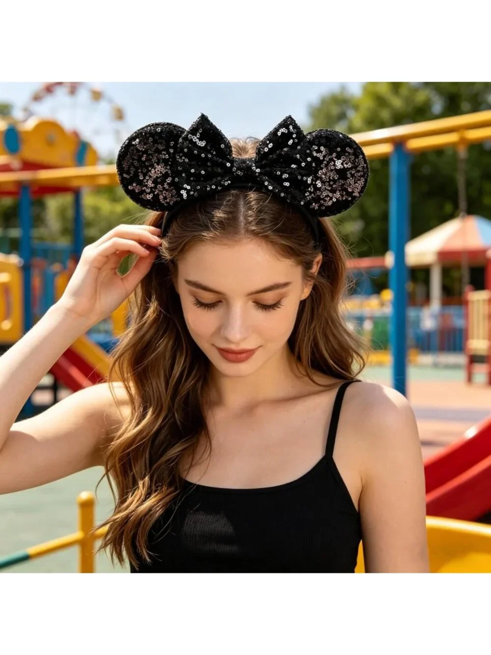 Women Black-a Polyester Sparkle Sequins Mickey Mouse Hair Bow Handmade Headband